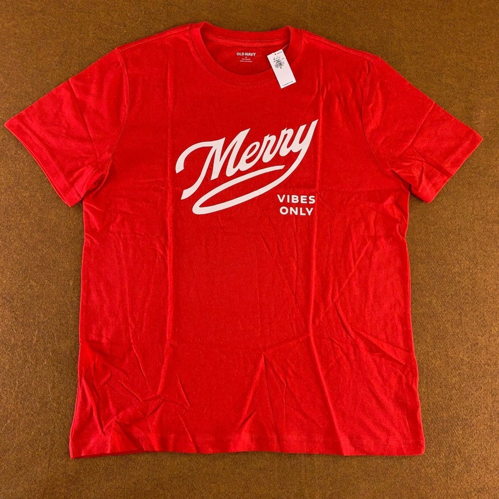 Old Navy Mens Medium Red Soft Wash Merry Vibes Only Holiday Graphic T-Shirt NWT - Picture 1 of 12